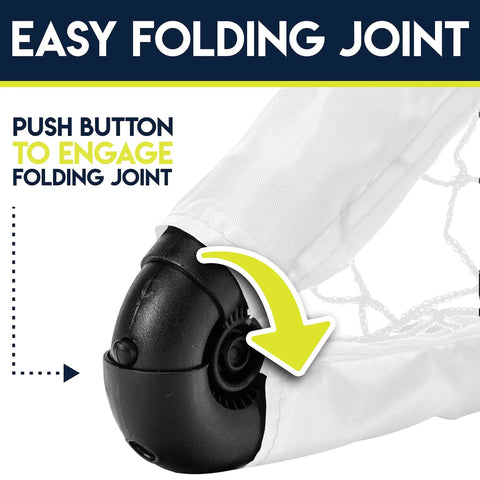 Close-up of folding joint on Mini Soccer Goal Set For Kids with push button for easy assembly.