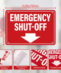 Badass Emergency Shut Off Sign Sticker With Knockout Down Arrow Hella Waterproof Self Adhesive Heavy Duty Safety Marker For Power Tools And Factory Equipment, 9.8x6.9 inches, red vinyl.
