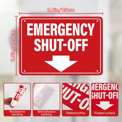 Badass Emergency Shut Off Sign Sticker With Knockout Down Arrow Hella Waterproof Self Adhesive Heavy Duty Safety Marker For Power Tools And Factory Equipment, 9.8x6.9 inches, red vinyl.