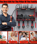 Heavy Duty Wall Mount Power Tool Organizer With Three Shelves And Cordless Drill Storage Metal Tool Rack For Garage Holds Batteries Hand Tools And Even A Charging Station, shown with tools and accessories, mounted on wall.