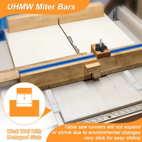 Crosscut Table Saw Sled Kit with Aluminum T Tracks and UHMW Miter Bars showing detail of miter bar and guide fence