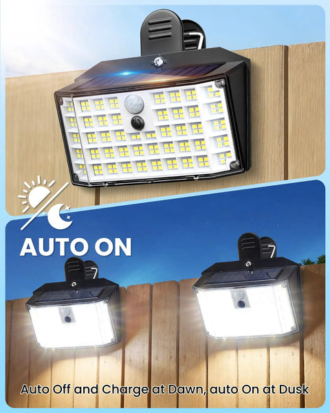 Super Bright 176 Lumen Solar Clip On Fence Lights With Motion Sensor mounted on wooden fence with solar panel visible.