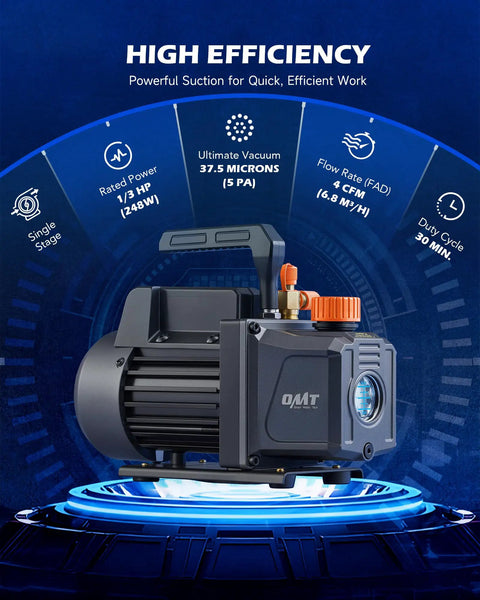 Heavy Duty Auto AC Vacuum Pump Kit With Four CFM One Third HP Motor showcasing single stage motor and flow rate details