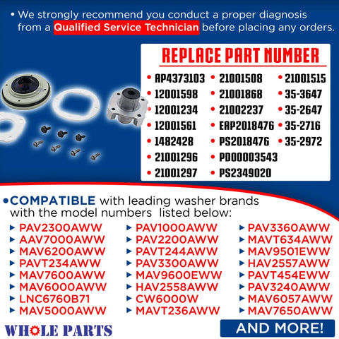 Washer Tub Seal And Bearing Kit W10219156 Upgraded For Whirlpool Washers Replacement Part Replaces AP4373103 list and compatible models