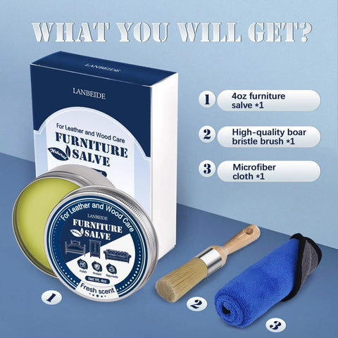 Top Shelf Furniture Restore Paste And Leather Conditioner Plus Wood Polish Cleaner With Brush For Deep Hydration Scratch Repair And Dope Finish That Keeps Your Stuff Looking Fresh kit with 4oz salve, brush, and cloth.