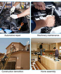 Various tools used for automotive repair, machinery maintenance, construction, and home assembly, illustrating applications.