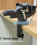 Universal table vise, 3-inch capacity, black metal clamp-on bench vise with 360° swivel base