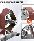 Ten Pack Aluminum Oxide Sanding Belts 1.2 X 13 Inch Tough As Nails For Mini Electric Belt Sander and Bench Grinder close-up of sanding belt setup