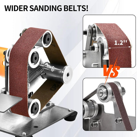 Ten Pack Aluminum Oxide Sanding Belts 1.2 X 13 Inch Tough As Nails For Mini Electric Belt Sander and Bench Grinder close-up of sanding belt setup