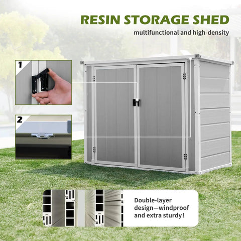 Spacious Outdoor Storage Shed With Floor Included, 41 Cu Ft Resin Weatherproof Storage Box for garden tools, grey and white