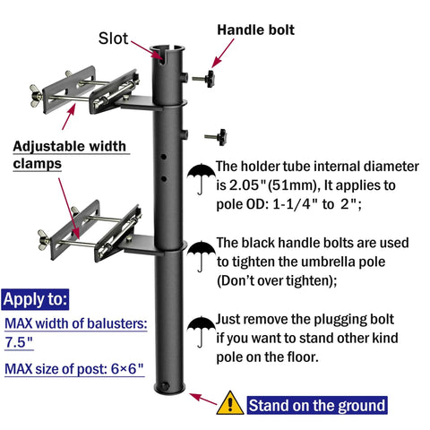 Diagram of Stainless Steel Deck Rail Umbrella Mount For Patio Tables And Offset Umbrellas, with adjustable width clamps.
