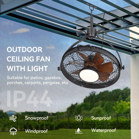 All Weather Outdoor Ceiling Fan With Light For Gazebos And Patios, 23.6 Inch, Black Caged Design, Water and Sunproof, IP44