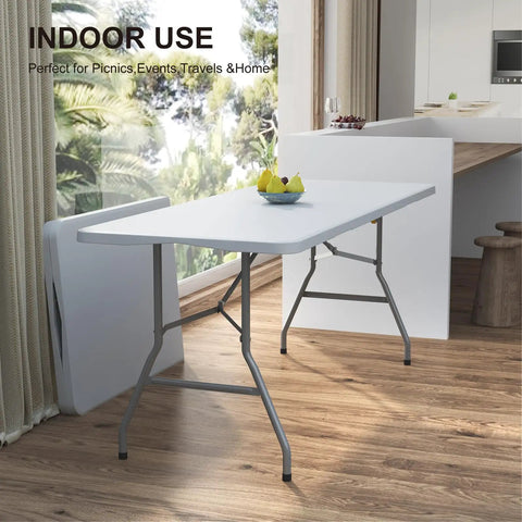 6 Ft Folding Table For Indoor And Outdoor Use Heavy Duty Plastic Foldable Dining Surface No Fuss Carrying Handles Built In