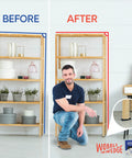 Before and after of a wobbly shelf stabilized with Rigid Black Plastic Shim Wedges For DIY Home Improvement And Furniture Leveling Versatile Spacers.