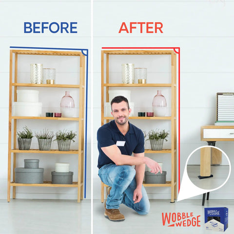 Before and after of a wobbly shelf stabilized with Rigid Black Plastic Shim Wedges For DIY Home Improvement And Furniture Leveling Versatile Spacers.