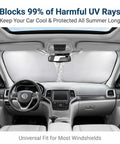 Tailored Fit Windshield Sun Shade For Rivian R2, Foldable Reflective Front Window Visor in car interior blocking sunlight.