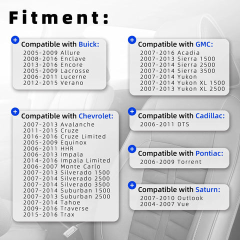 Fitment information for Power Seat Switch 6 Way Front Left Driver Side For Chevy Silverado Avalanche GMC Sierra Yukon Buick Cadillac.