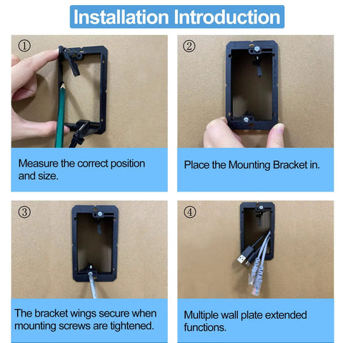 Installation steps for 25 Pack Low Voltage Mounting Brackets For Drywall Pass Through Wall Plates With Dual Rings Sleek Cord Organizer Rack.