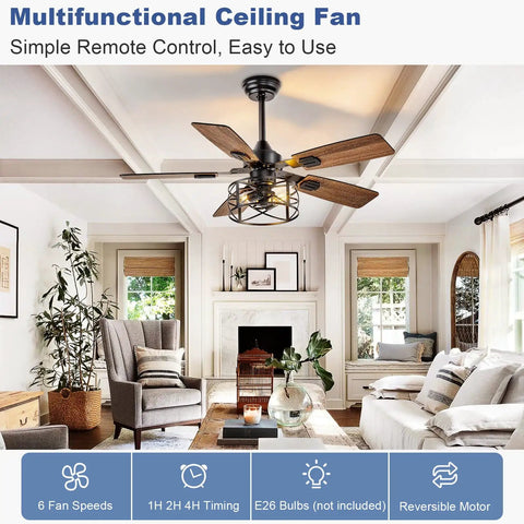 Rustic 42-Inch Farmhouse Ceiling Fan With Cage Light And Remote Dual Finish Black Walnut Blades in living room scene