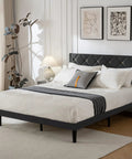 Queen Size Platform Bed Frame With Velvet Upholstered Headboard Featuring Modern Rivet Grid Pattern And High Density Foam in bedroom setting.