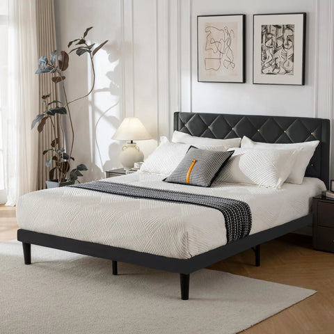 Queen Size Platform Bed Frame With Velvet Upholstered Headboard Featuring Modern Rivet Grid Pattern And High Density Foam in bedroom setting.