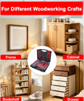 12 Pack Corner Clamps For Woodworking 90 Degree Right Angle Aluminum Clamps In 5.5, 3.14, And 2.32 Inch Sizes With Handy Storage Box, shown with frames, cabinet, bookshelf, and drawer for DIY projects.