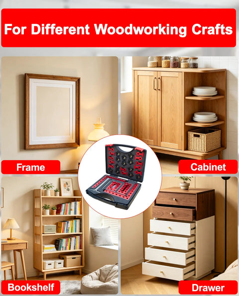 12 Pack Corner Clamps For Woodworking 90 Degree Right Angle Aluminum Clamps In 5.5, 3.14, And 2.32 Inch Sizes With Handy Storage Box, shown with frames, cabinet, bookshelf, and drawer for DIY projects.