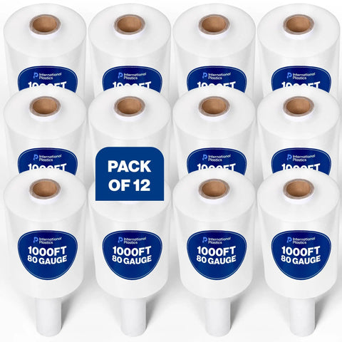 12 Pack 5 Inch By 1000 Foot Stretch Film Wrap With Handles For Moving And Storage, 3 Inch Core, in packaging
