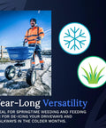 Worker using Landscape Broadcast Spreader CW2800S With 80Lb Capacity And Stainless Steel Frame on snowy terrain.