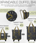 Rolling Duffel Bag With Wheels Expandable And Foldable Travel Carry On Luggage showing expandable 28L to 66L capacity with straps.