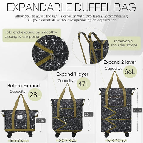 Rolling Duffel Bag With Wheels Expandable And Foldable Travel Carry On Luggage showing expandable 28L to 66L capacity with straps.