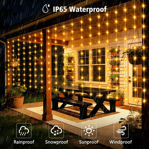 Outdoor Solar Curtain Lights 200 LED Warm White, 13ft By 3.9ft Waterproof String Lights With Remote Timer for garden patio decor