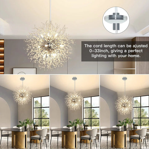 Crystal Sputnik Chandelier With Dandelion Firework Style, Dope 12 Light Modern Pendant Fixture in living room setting