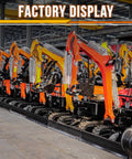Factory display of mini excavators with no fuss quick change hitch for 0.8 to 1.8 tons machines, lined up for viewing