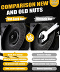 Comparison of fast-lock and wrench nuts on angle grinder discs with text highlighting their features. 2 Pack 5/8-11 Angle Grinder Flange Nuts With Knurled Arbor Nut And Quick Release Silver D-Ring For 4-1/2 To 9 Inch Grinders Tool-Free Attachments For Fast Secure Disk Fixing