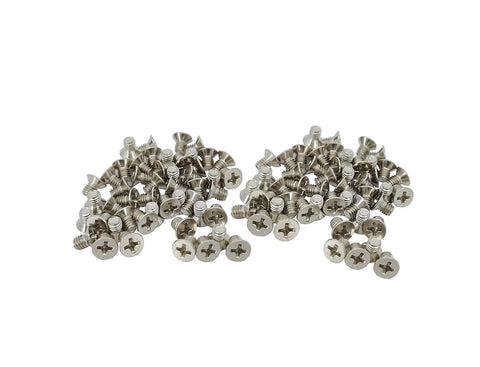 Top Notch 100 PK M3 X 4mm Phillips Flat Head Machine Screws Nickel Plated Carbon Steel countersunk in a bulk pack.