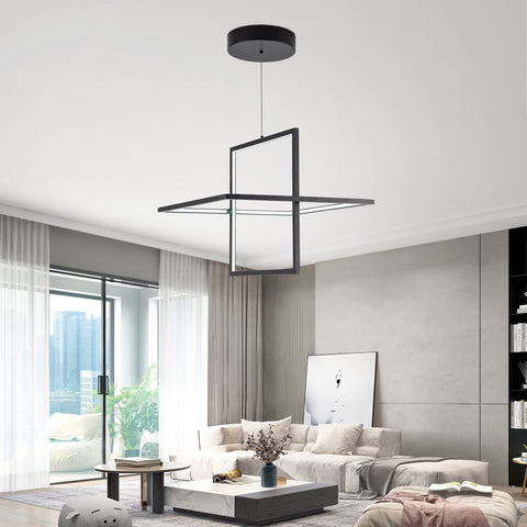 Modern Square LED Chandelier Pendant Light That Looks Lit Dimmable 6000K Cool White Ideal For Living Room Dining Bedroom Kitchen And Study 65W Black Finish