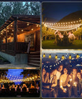 Collage of 96Ft Outdoor String Lights For Patio And Garden Waterproof Shatterproof Edison Bulbs Warm Glow 2200K Chill Porch Bistro Style