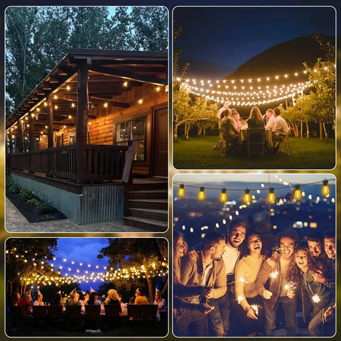 Collage of 96Ft Outdoor String Lights For Patio And Garden Waterproof Shatterproof Edison Bulbs Warm Glow 2200K Chill Porch Bistro Style
