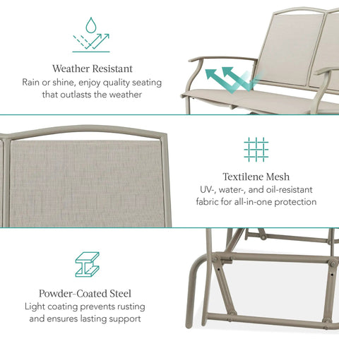 Detail of Two Person Outdoor Patio Swing Glider With Smooth Rocking Motion, Textilene Fabric Over Powder Coated Steel Frame