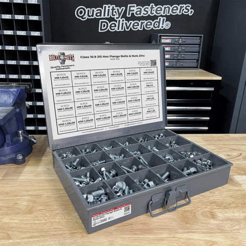 402 Piece Pro Grade Class 10.9 JIS Hex Cap Flange Bolts And Serrated Nuts Assortment Kit in 24 Hole Tray Zinc Clear