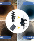 4 Pack 3 Point Auger Cutting Edges Wedges For Heavy Duty Post Hole Digger Drills shown with holes in clay, ice, sand, and hard soil