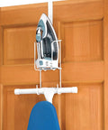 Wire Over The Door Ironing Caddy For Iron And Ironing Board Storage Organizer White on wooden door with iron and ironing board