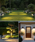 All In One Low Voltage Landscape Lighting Kit With Six 6W LED Spot Lights 100W Transformer 50 Feet Cable 12 Connectors Waterproof Outdoor Lights For Garden Pathways And Trees 2700K 12 To 24V 6 Pack illuminating a garden and doorway