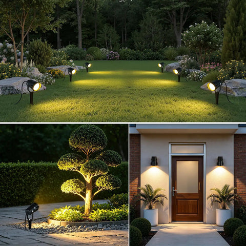 All In One Low Voltage Landscape Lighting Kit With Six 6W LED Spot Lights 100W Transformer 50 Feet Cable 12 Connectors Waterproof Outdoor Lights For Garden Pathways And Trees 2700K 12 To 24V 6 Pack illuminating a garden and doorway