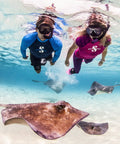 Two snorkelers underwater with stingrays wearing Spectra Dry Snorkel With Purge Valve And Quick Connect Clip, Flexible Corrugated Lower Tube