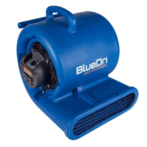 Max Storm 35 Industrial Air Mover One Third HP 2900 CFM Pro Grade Blower in blue, side view showing motor and vent, for carpet drying.