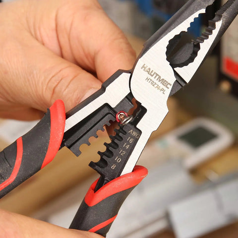 9 Inch Needle Nose Pliers With High Leverage Heavy Duty 4 In 1 Multifunction Long Nose Pliers Wire Cutter Stripper And Terminal Crimping Bi Material Soft Grips For Comfort And Precision in use crimping a wire terminal.