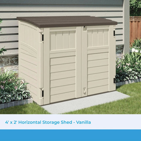34 Cu Ft Horizontal Resin Storage Shed With Floor Included, Lockable And Weatherproof Outdoor Storage In Vanilla Stone