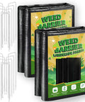 Weed Barrier Landscape Fabric Heavy Duty 3.2oz Ground Cover Mat with 10 U Shaped Pegs, showing polypropylene material and packaging.